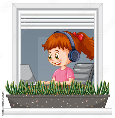 View through the window of a girl browsing internet