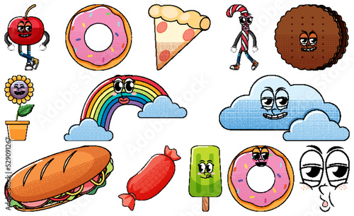 Set of objects and foods cartoon characters