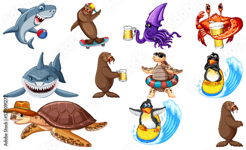 Set of various sea animals cartoon characters