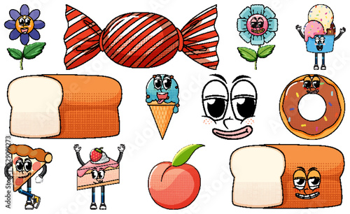 Set of objects and foods cartoon characters