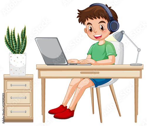 A boy browsing internet on laptop
