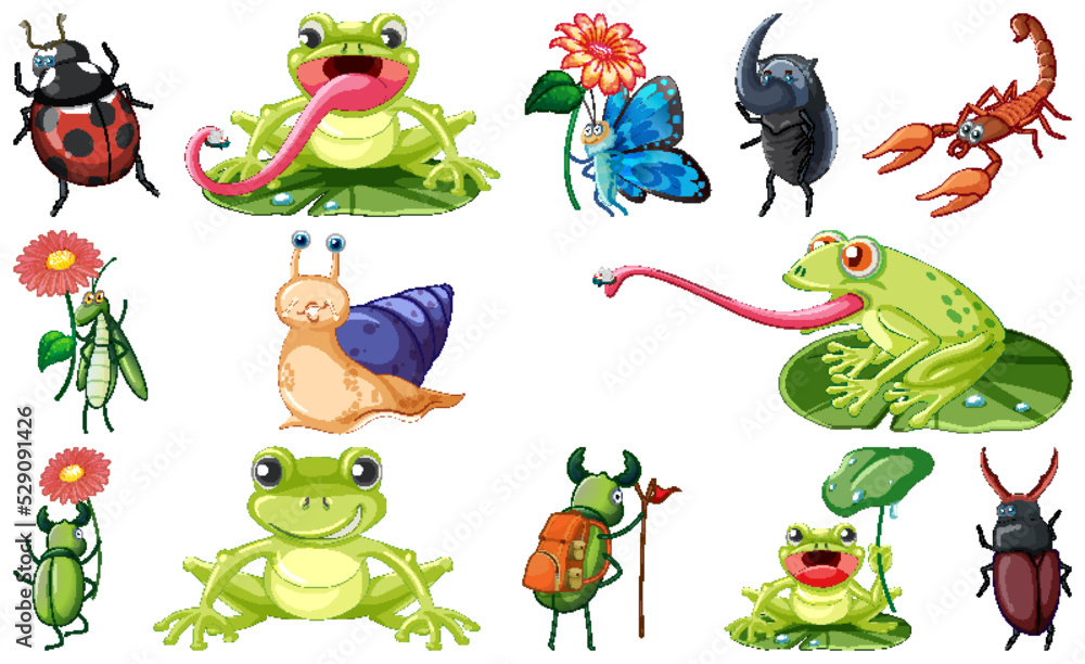 Naklejka premium Set of various insects and amphibians cartoon