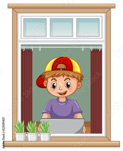 View through the window of a girl browsing internet