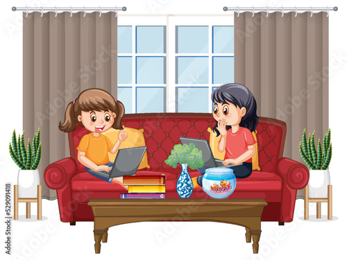 At home scene with children using their laptops