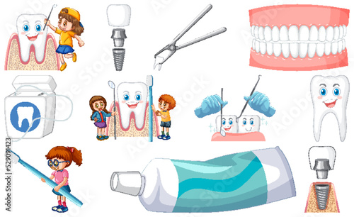 Set of dental equipments and cartoon characters