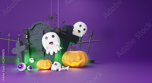 3d Render  Happy Halloween Day background with night scene and cute spooky design. Halloween pumpkins  skull  ghost and spider decorations on dark purple background. Trick or Treat party celebrate.