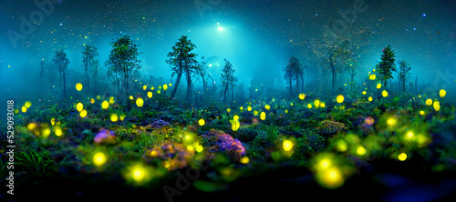Colorful fantasy glowing plants in forest 3D illustration photo