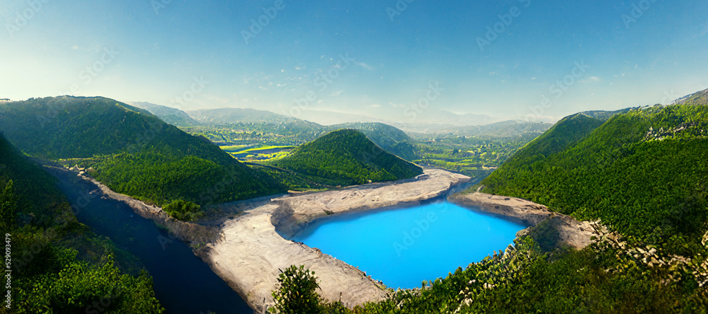 3D rendering. Beautiful view of a mountain with valley, blue sky and clean water illustration