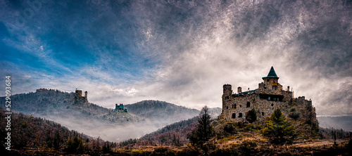 Print op canvas 3D rendering of a lonely abandoned castle in the mountains with dramatic sky bac