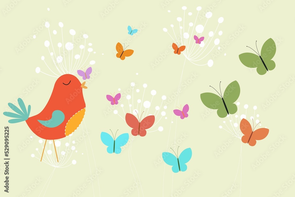 Orange bird with heart and dandelions