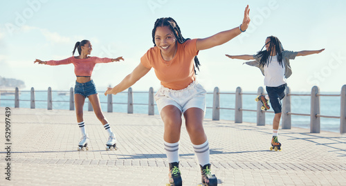 Canvastavla Friends, fitness and roller skating at the beach in summer as a group of young gen z girls and boy skate in freedom