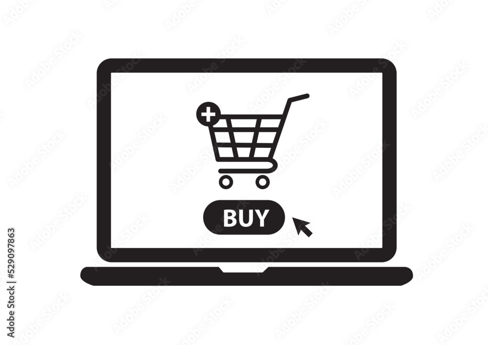 Online shopping with laptop. Shopping cart on display. Buy button. vector illustration Online shopping with laptop. Shopping cart on display. Buy button. vector illustration