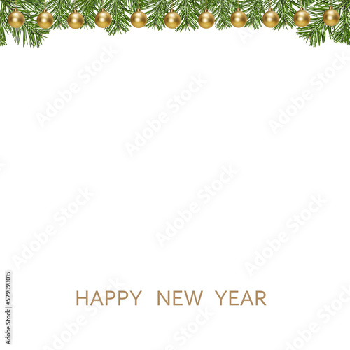 New Year border green pine branches and golden New Year balls garlands on white background