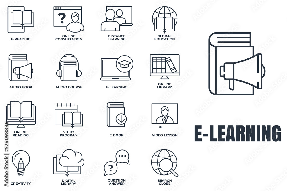 Set of E-learning, online education icon logo vector illustration. global education, study program, search globe, distance learning and more pack symbol template for graphic and web design collection Set of E-learning, online education icon logo vector illustration. global education, study program, search globe, distance learning and more pack symbol template for graphic and web design collection
