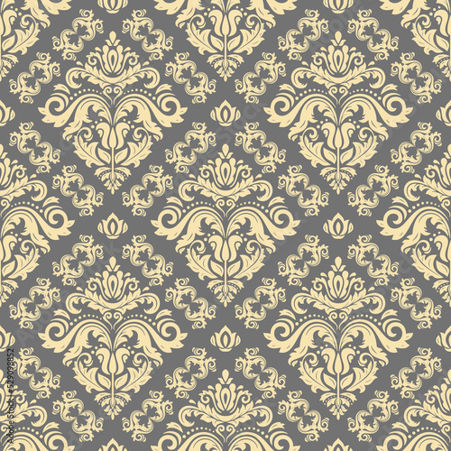 Classic seamless vector pattern. Damask orient gray and yellow ornament. Classic vintage background. Orient pattern for fabric, wallpapers and packaging