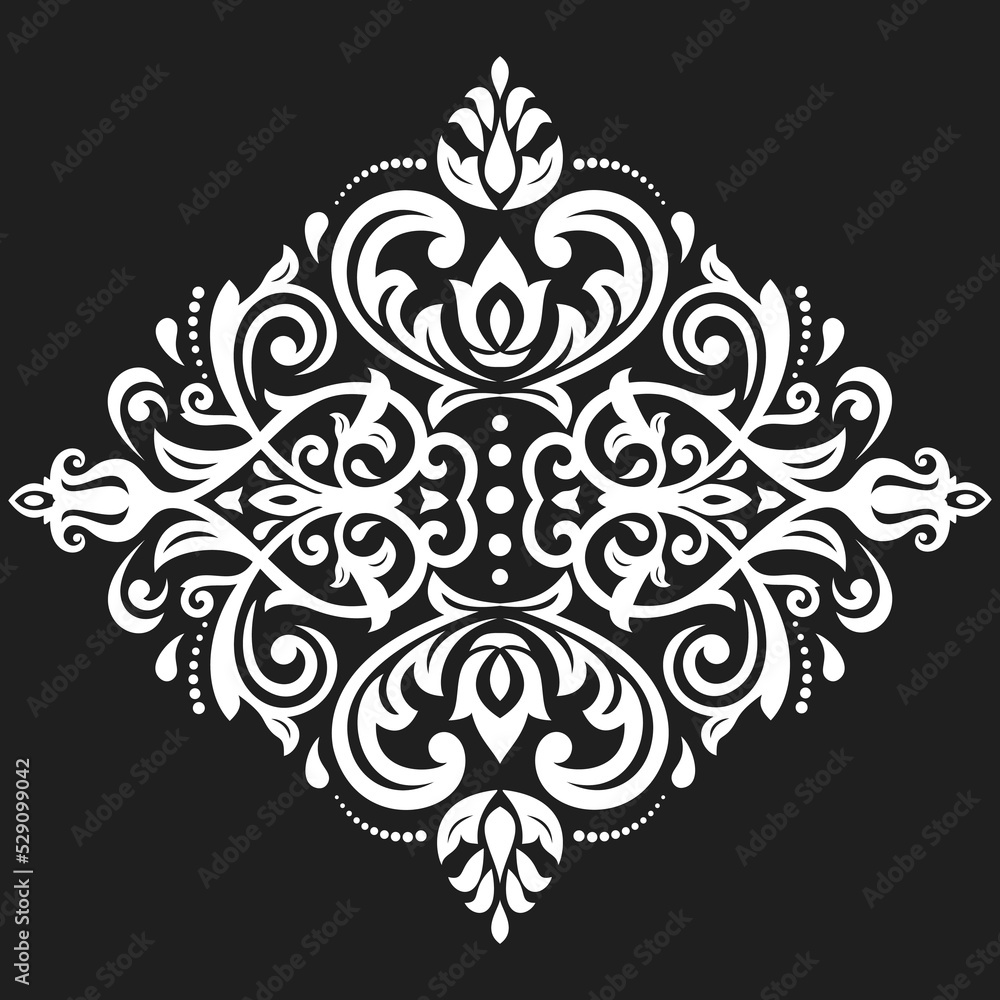 Oriental dark vector ornament with arabesques and floral elements. Traditional classic black and white ornament. Vintage pattern with arabesques