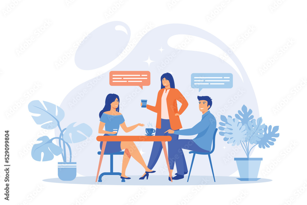 Group of friends sitting at the table talking, drinking coffee and tea, tiny people. Friends meeting, cheer up friend, friendship support concept. flat vector modern illustration Group of friends sitting at the table talking, drinking coffee and tea, tiny people. Friends meeting, cheer up friend, friendship support concept. flat vector modern illustration