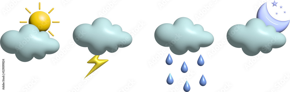 3D set of weather icons.cartoon weather forecast.Sun, moon, cloud, rain, lightning, thunderstorm.3d weather icons and season concept. 3D set of weather icons.cartoon weather forecast.Sun, moon, cloud, rain, lightning, thunderstorm.3d weather icons and season concept.