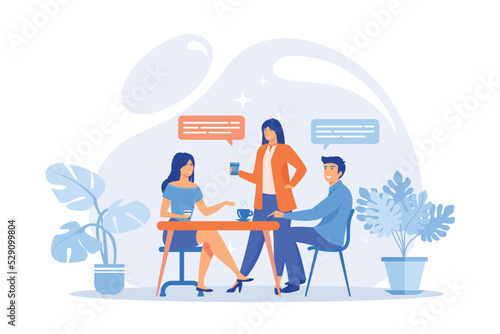 Group of friends sitting at the table talking, drinking coffee and tea, tiny people. Friends meeting, cheer up friend, friendship support concept. flat vector modern illustration