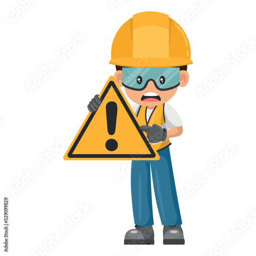 Industrial worker with danger sign warning. Caution pictogram and icon. Worker with personal protective equipment. Industrial safety and occupational health at work