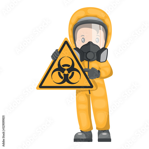 Industrial worker with biohazard sign warning. Biological hazard caution icon and pictogram. Protective suit and respirators. Industrial safety and occupational health at work