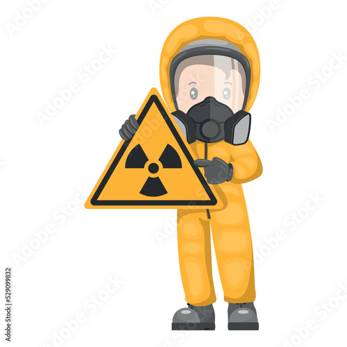 Industrial worker with radioactive hazard sign warning. Pictogram and icon of caution of radioactive materials. Protective suit and respirators. Industrial safety and occupational health at work