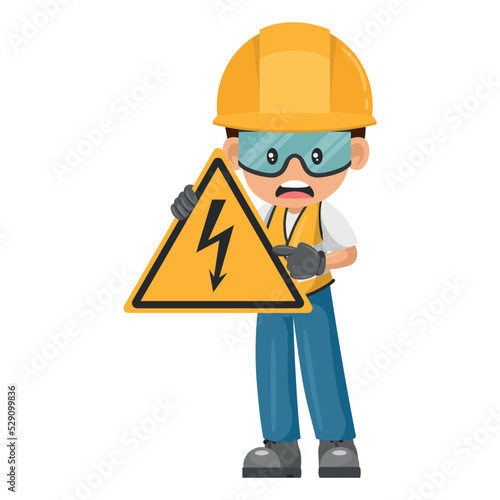 Industrial worker with electrical hazard sign warning. Caution pictogram and icon. Worker with personal protective equipment. Industrial safety and occupational health at work