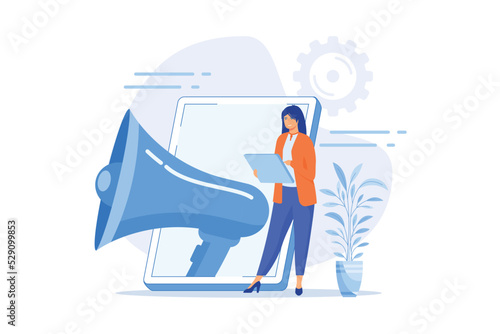 Social media marketing. Audience attraction campaign, advertising business, public announcement. Internet influencer with megaphone cartoon character. flat vector modern illustration