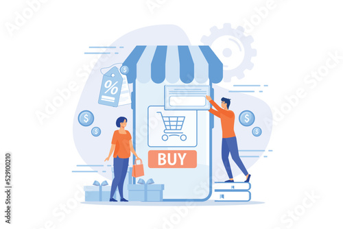 A couple near huge smartphone with buy icon on the screen make online purchases. Smart retail, retail mobility solutions, IoT and smart city concept, violet palette. flat vector modern illustration