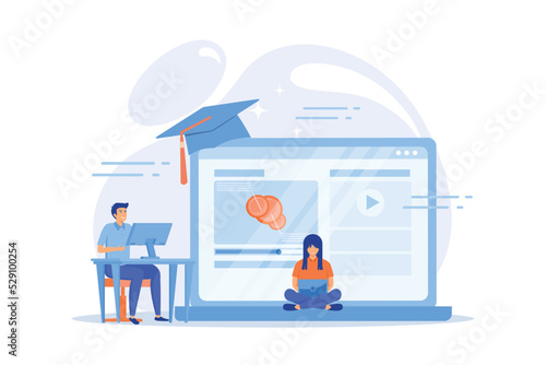 Students using e-learning platform video on laptop and graduation cap. Online education platform, e-learning platform, online teaching concept. flat vector modern illustration
