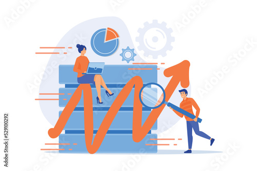 Developer with magnifying glass working with big data and zigzag arrow. Digital analytics tools, data storage and software engineering concept, violet palette. flat vector modern illustration