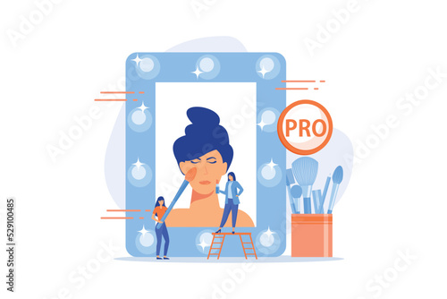 Professional makeup artists applying make up with brush on woman face in mirror. Professional makeup, pro artistry, makeup artist work concept. flat vector modern illustration