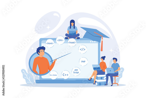 Script writing, software engineering. Coding workshop, code created workshop, online programming course, apps and games development class concept. flat vector modern illustration