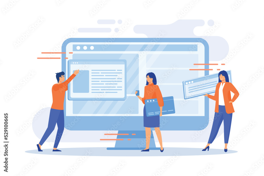 Website interface development planning. Devops team flat characters working. UI, UX, content design. Computer software creation and web development. flat vector modern illustration Website interface development planning. Devops team flat characters working. UI, UX, content design. Computer software creation and web development. flat vector modern illustration
