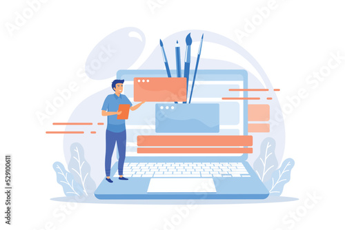Graphic design video tutorial. Traditional art Internet course. Painter online masterclass. Web designer distance classes. Painting, e learning, education. flat vector modern illustration