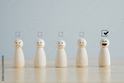 Feedback rating and positive customer service review. Mental health assessment, World mental health day, think positive and satisfaction survey concept. Select happy from normal and Sad emotion.