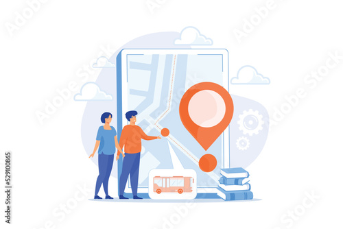 Parents looking at school bus location pin and map on tablet. Child tracking system, school bus route, child safety, security concious parents concept, flat vector modern illustration