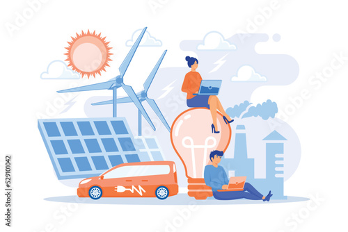People around huge lamp analyzing power data. Renewable energy, power saving, smart grid energy, system modelling, IoT and smart city concept, violet palette. flat vector modern illustration