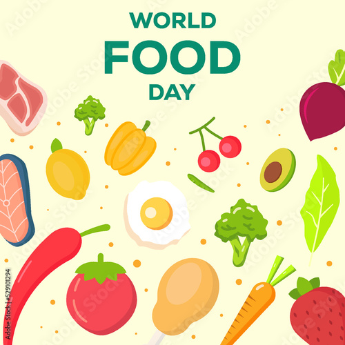 world food day illustration design with vegetables, fruits, and meat