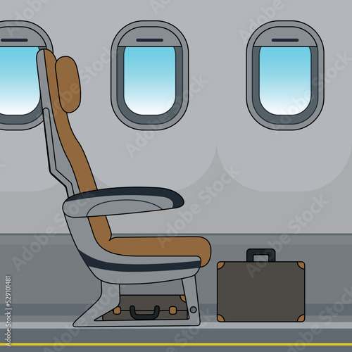 Passenger Airplane Interior. Aircraft Indoor Cabin with Suitcase Vector Illustration.
