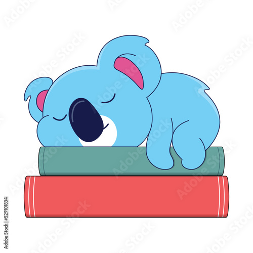 Cute Koala Sleeping on Book Stack, Lovely Australian Animal Cartoon Vector Illustration