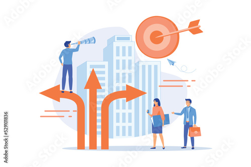 Business people and empolyee choosing new career direction arrow with target. Career change, alternative career, retraining for a new job concept. flat vector modern illustration