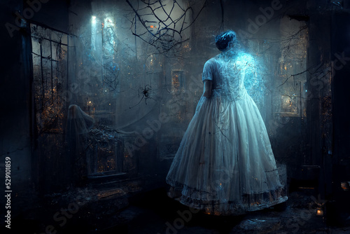 Scary ghost woman in haunted house. Digital art