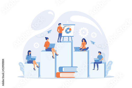 Employees with laptops learning at professional trainig. Internal education, employee education, professional development program concept. flat vector modern illustration