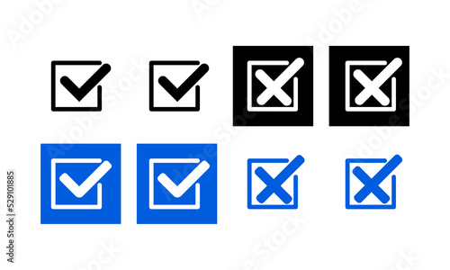 yes and no buttons. Black check mark and blue cross icon, Vector illustration.