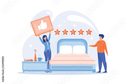 Luxurious service, satisfied customer feedback, positive review. Bed and breakfast, overnight home accommodation, bed and breakfast hotel concept. flat vector modern illustration