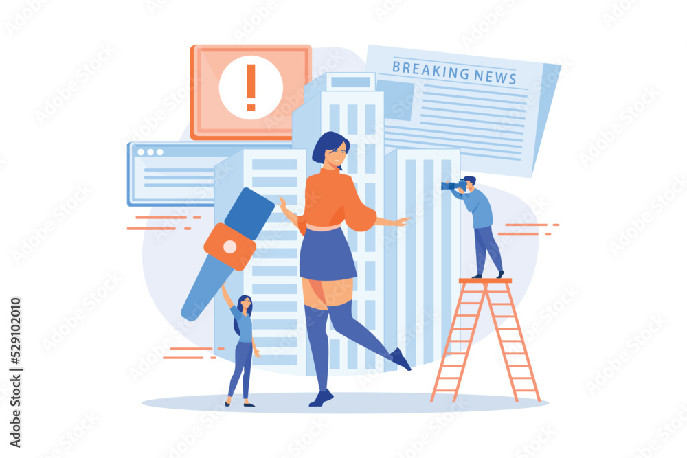 Journalists interviewing famous person. Reporters following celebrity. Yellow online press, paparazzi news feed, yellow journalism concept. flat vector modern illustration