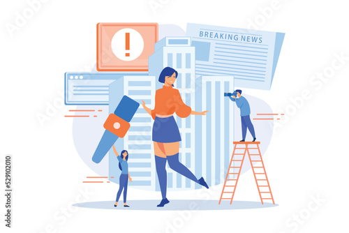 Journalists interviewing famous person. Reporters following celebrity. Yellow online press, paparazzi news feed, yellow journalism concept. flat vector modern illustration
