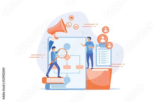 Businessmen with magnifier looking at business process flow chart. Business rules and regulation, main company policy, IT business analysis concept. flat vector modern illustration
