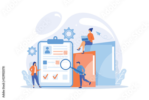 Recruiters and managers searching for candidate in huge CV for position. Recruitment agency, human resources service, recruitment network concept. flat vector modern illustration